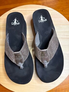 Corkys Angelica Black Sparkling Flip Flops featuring a 2-inch wedge heel